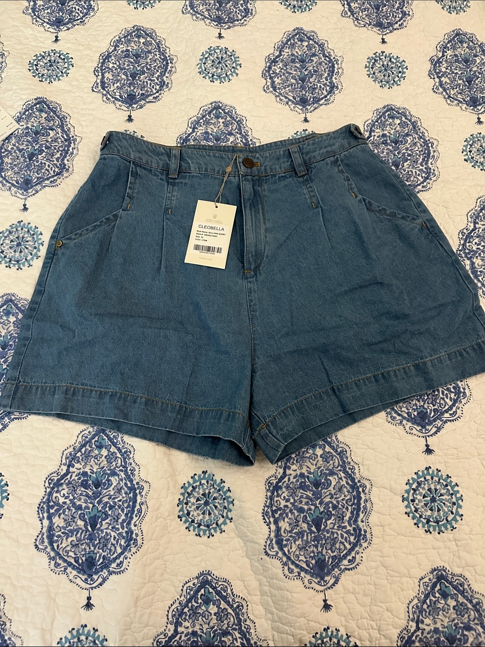 Cleobella Medium Blue Denim High-Waist Pleated Shorts